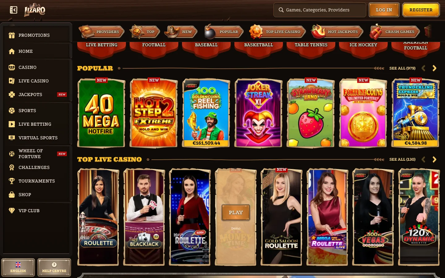 Spieleraster in der deutschen Lizaro-Lobby mit Slot-Kacheln und Kategorien
